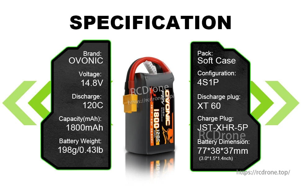Ovonic LiPo specification chart listing 14.8V 4S1P 1800mAh, 120C, soft case, XT60 plug, JST-XHR-5P