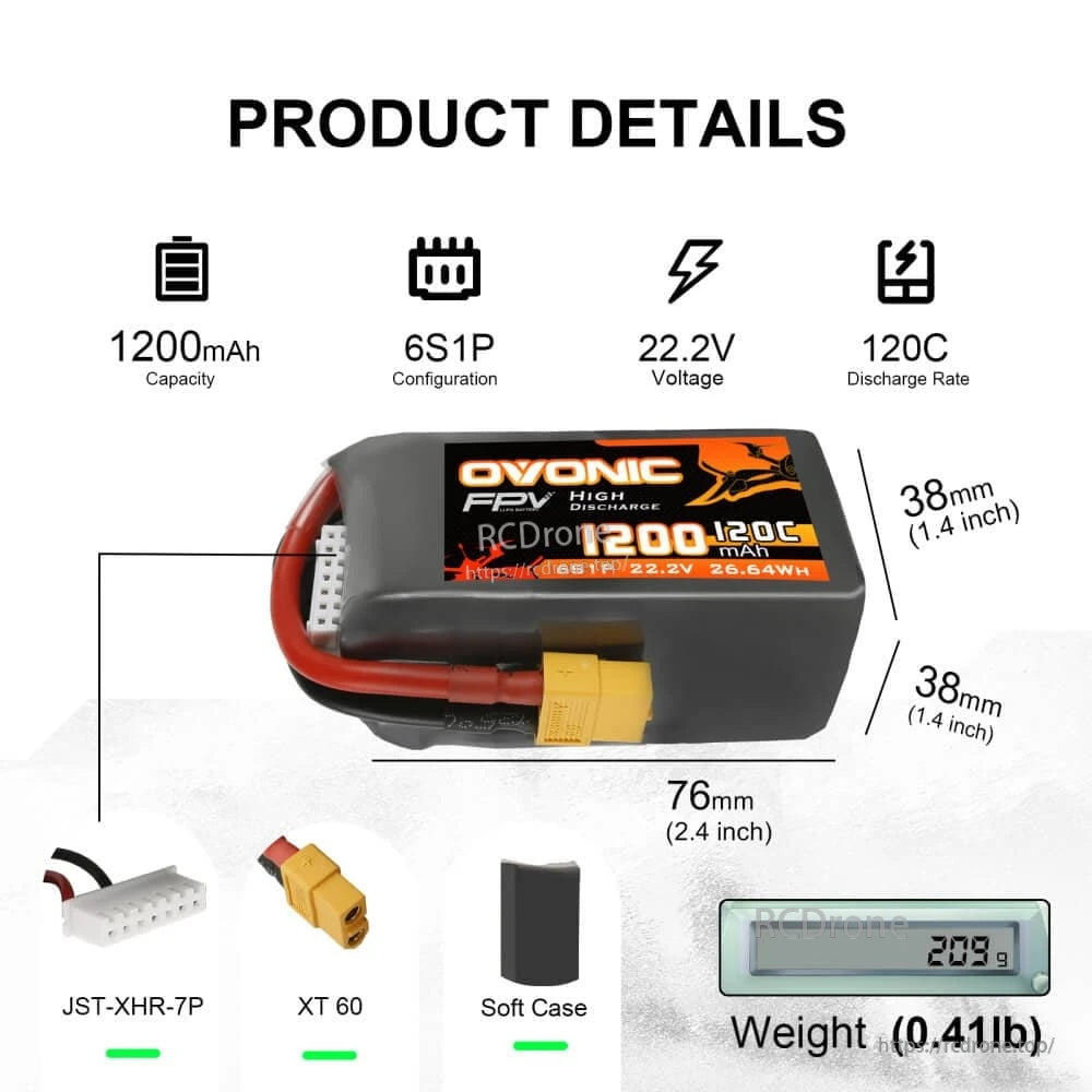 Infographic with 22.2V 6S1P 1200mAh specs, 120C rate, 76×38×38mm size, XT60 and JST-XHR-7P