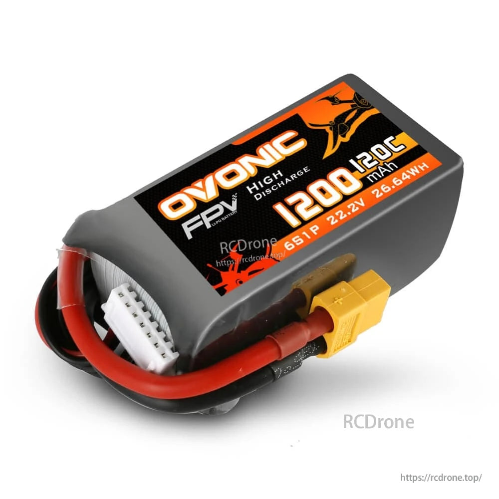 Close-up of Ovonic 120C 6S 1200mAh LiPo battery showing XT60 main plug and JST-XHR-7P balance lead