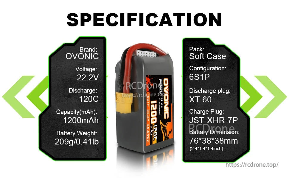 Specification graphic for Ovonic 22.2V 1200mAh 6S soft-case LiPo with XT60 and JST-XHR-7P connectors