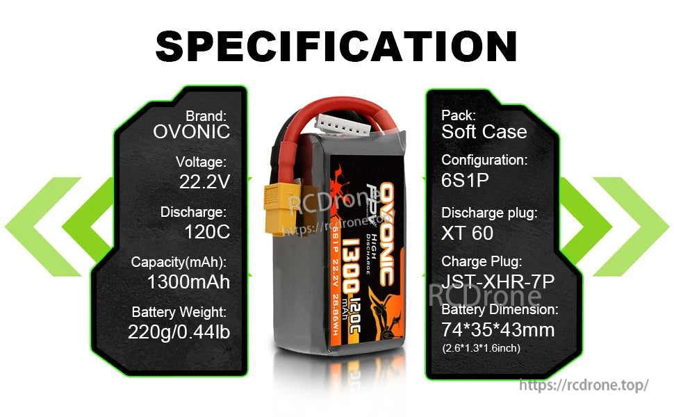 Specification graphic listing Ovonic 6S1P 22.2V 1300mAh LiPo details, XT60 plug, and JST-XHR-7P balance lead