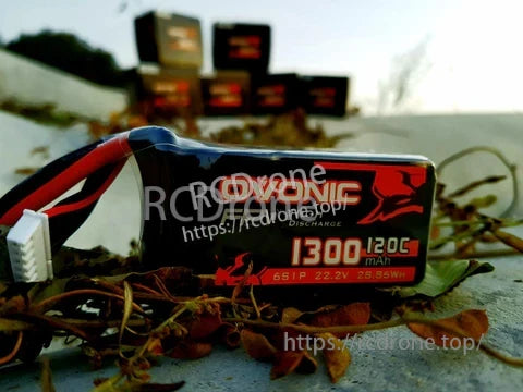 Ovonic 120C 6S 1300mAh 22.2V LiPo Battery close-up showing soft case, XT60 lead, and label