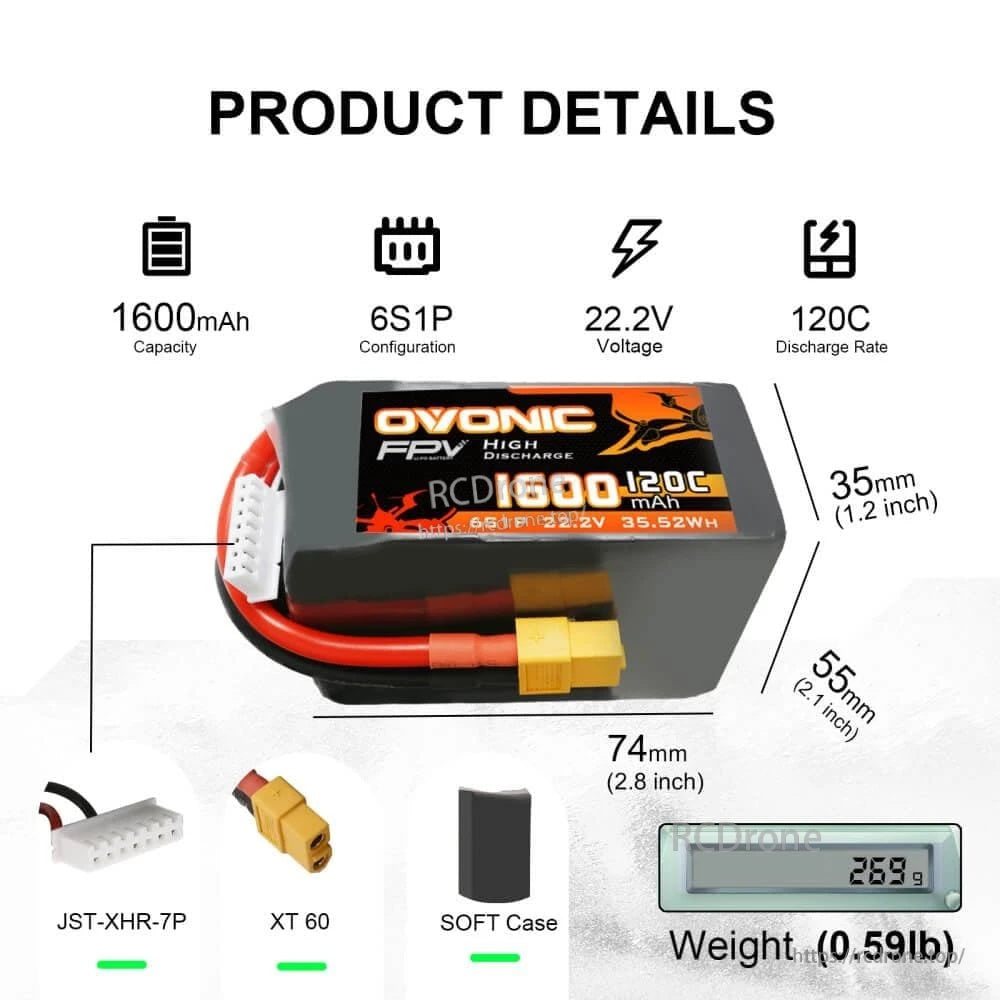 Product details infographic with 1600mAh, 6S1P, 22.2V, 120C plus dimensions and connector icons