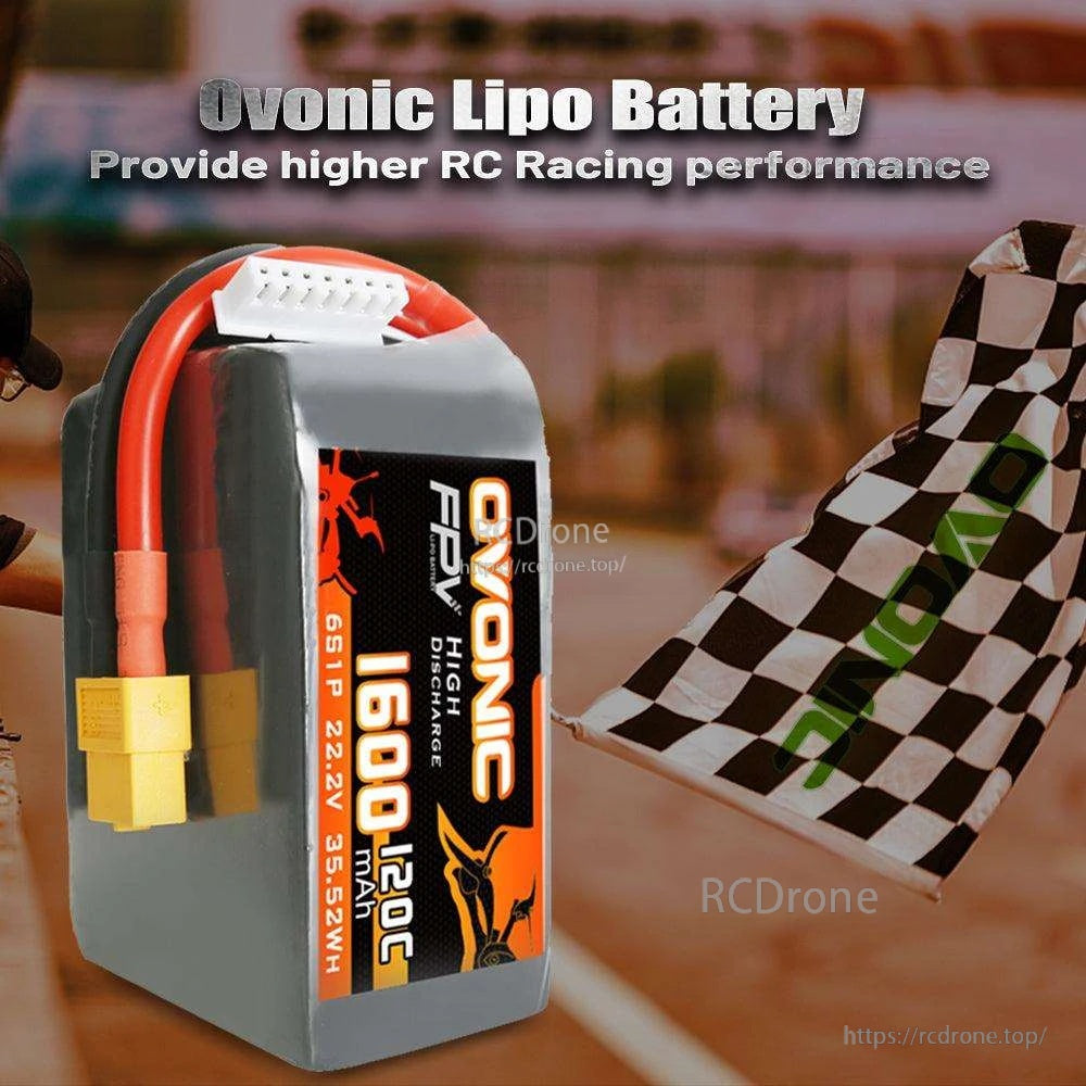 Ovonic LiPo battery promo image with checkered racing flag and 1600mAh 120C labeling