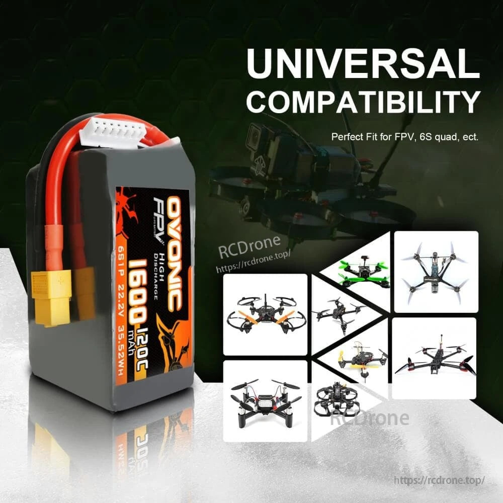 Universal compatibility banner with Ovonic 6S battery and FPV/6S quad icons on green background