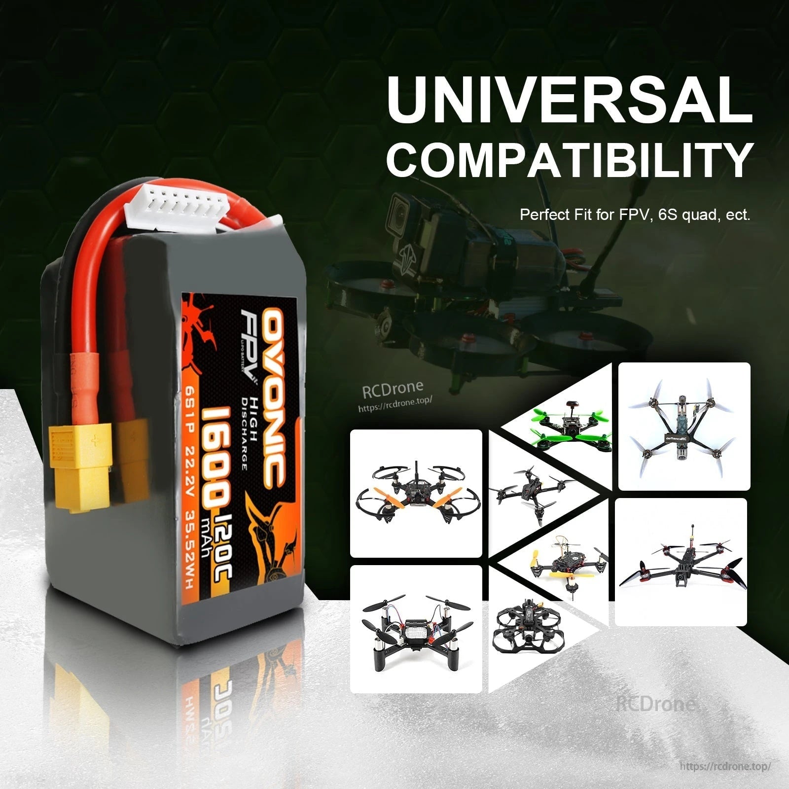 Universal compatibility graphic repeated, featuring Ovonic 6S LiPo battery and FPV drone icons