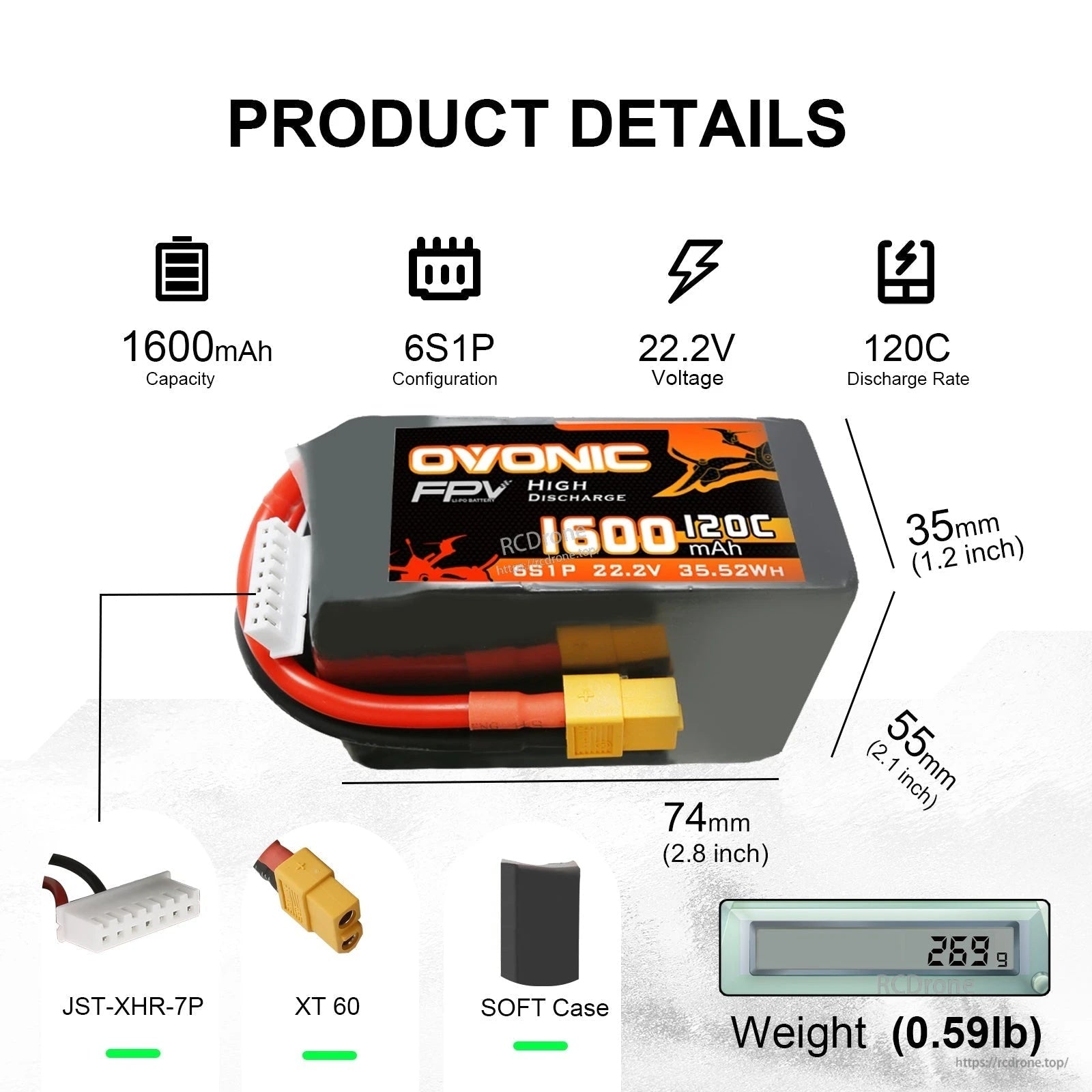 Product details infographic repeating capacity, voltage, discharge rate, dimensions, and connector types