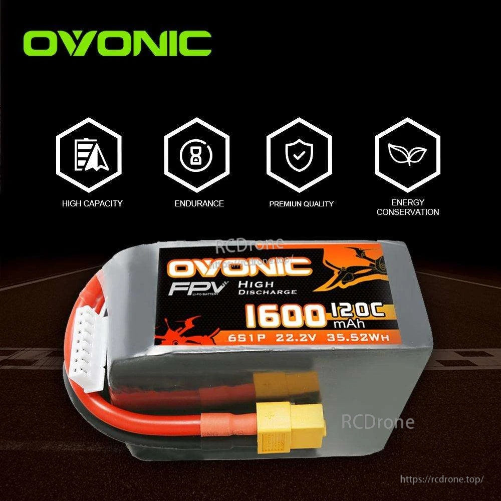 Ovonic 6S 1600mAh LiPo battery on black background with icons for capacity, endurance, quality, conservation