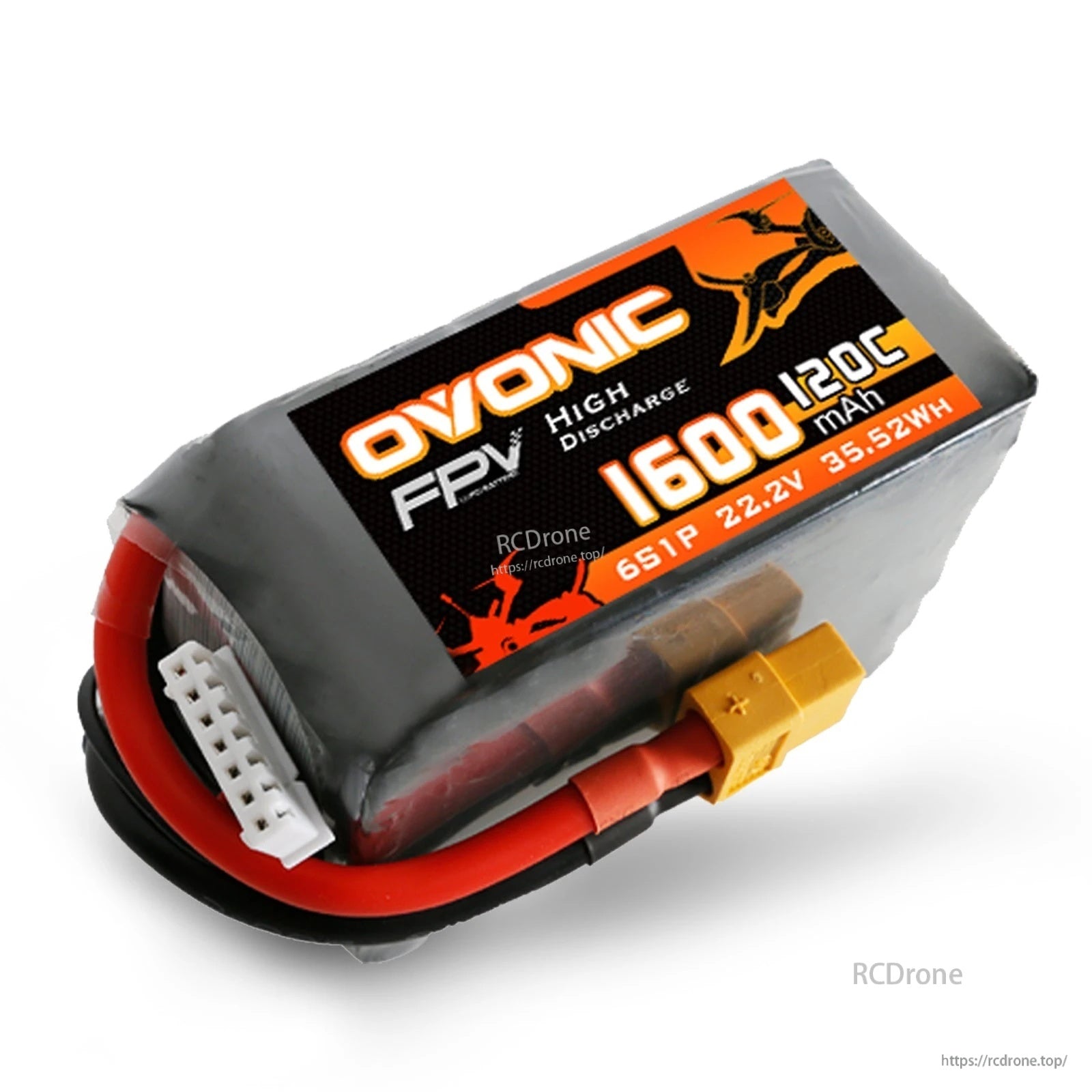Ovonic 6S 1600mAh 120C LiPo battery close-up showing label, XT60 plug, and balance connector