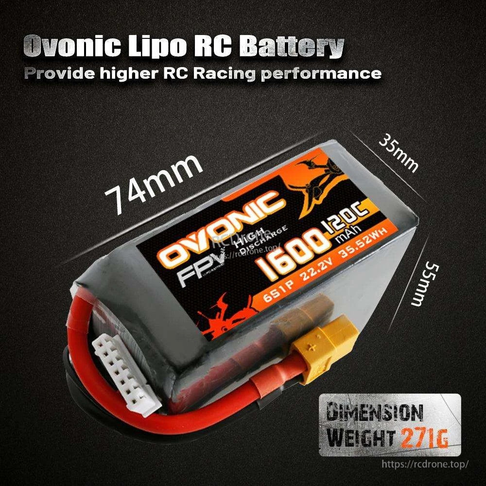 Ovonic 6S 1600mAh LiPo battery size graphic showing 74mm x 35mm x 55mm and weight callout