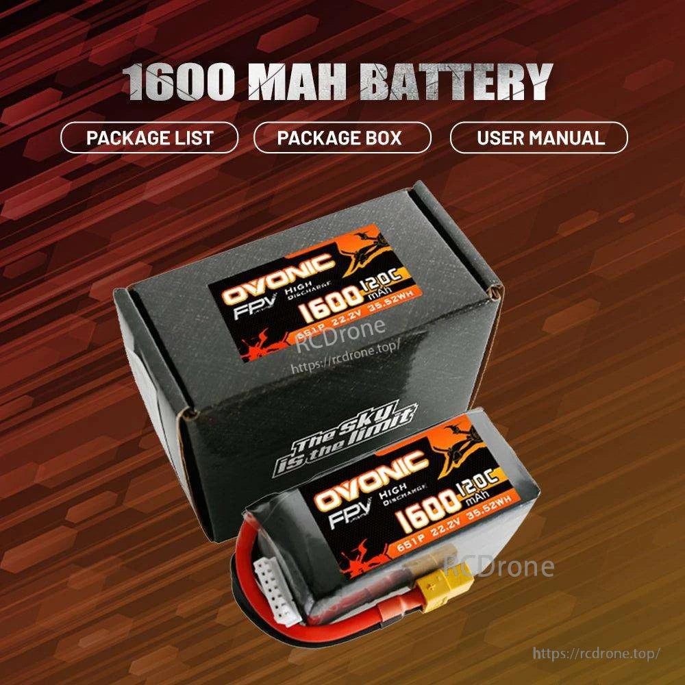 Ovonic 1600mAh battery with retail box and package list/user manual callouts