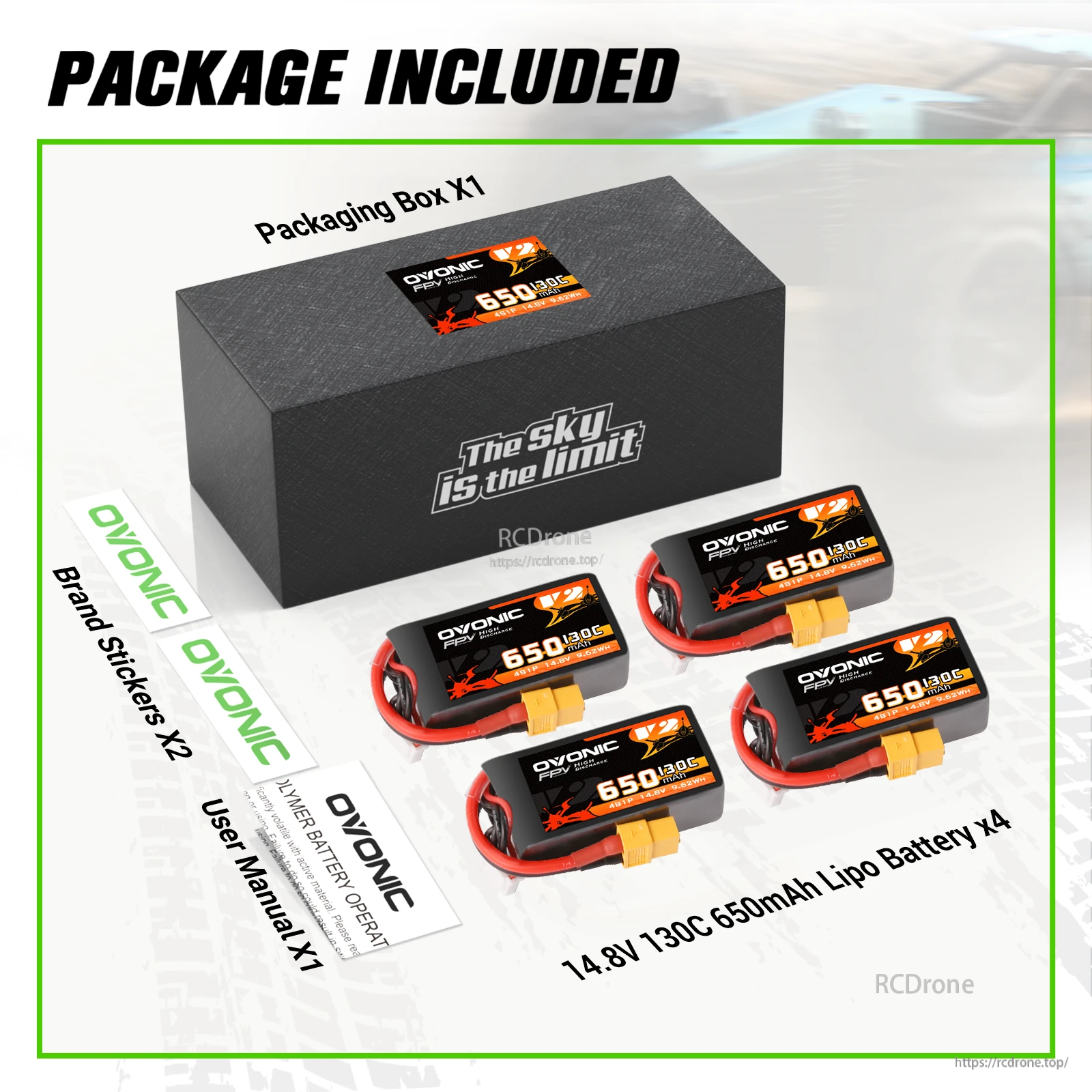 Package contents for Ovonic 4-pack 14.8V 650mAh 130C 4S LiPo batteries with box, stickers, and manual