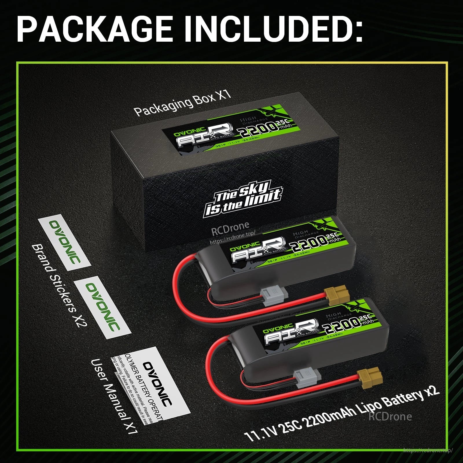 Package contents with Ovonic LiPo batteries, packaging box, brand stickers, and user manual