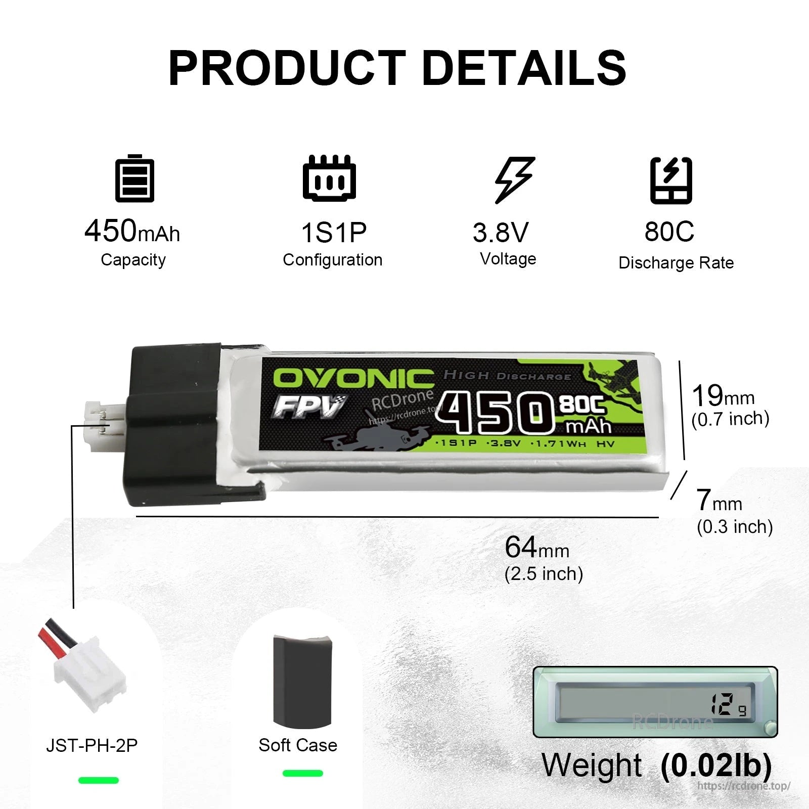 Ovonic 450mAh 1S1P 3.8V HV 80C LiPo battery product details with 64×19×7 mm size, JST-PH-2P and weight info