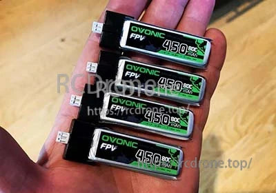 Ovonic 4× 450mAh 1S1P 3.8V HV 80C LiPo battery set in hand, micro FPV packs with JST-PH2.0 plug