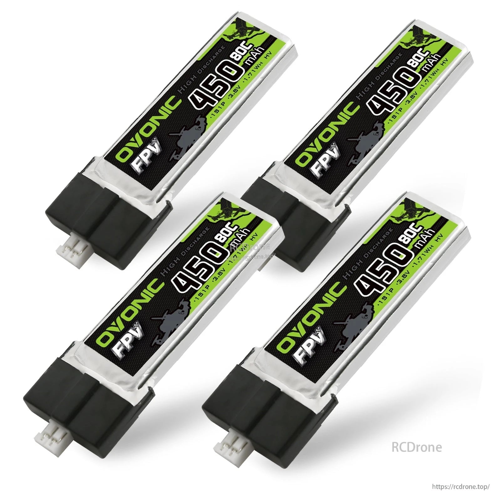 Four Ovonic 450mAh 1S HV 80C LiPo batteries laid out together, each with JST-PH2.0 connector