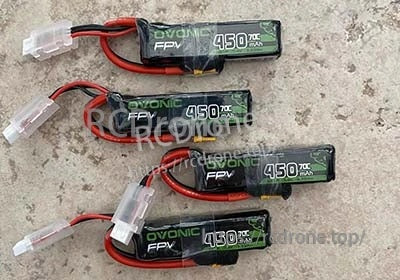 Four Ovonic FPV 450mAh 2S 7.4V 70C LiPo packs laid out with leads and balance connectors