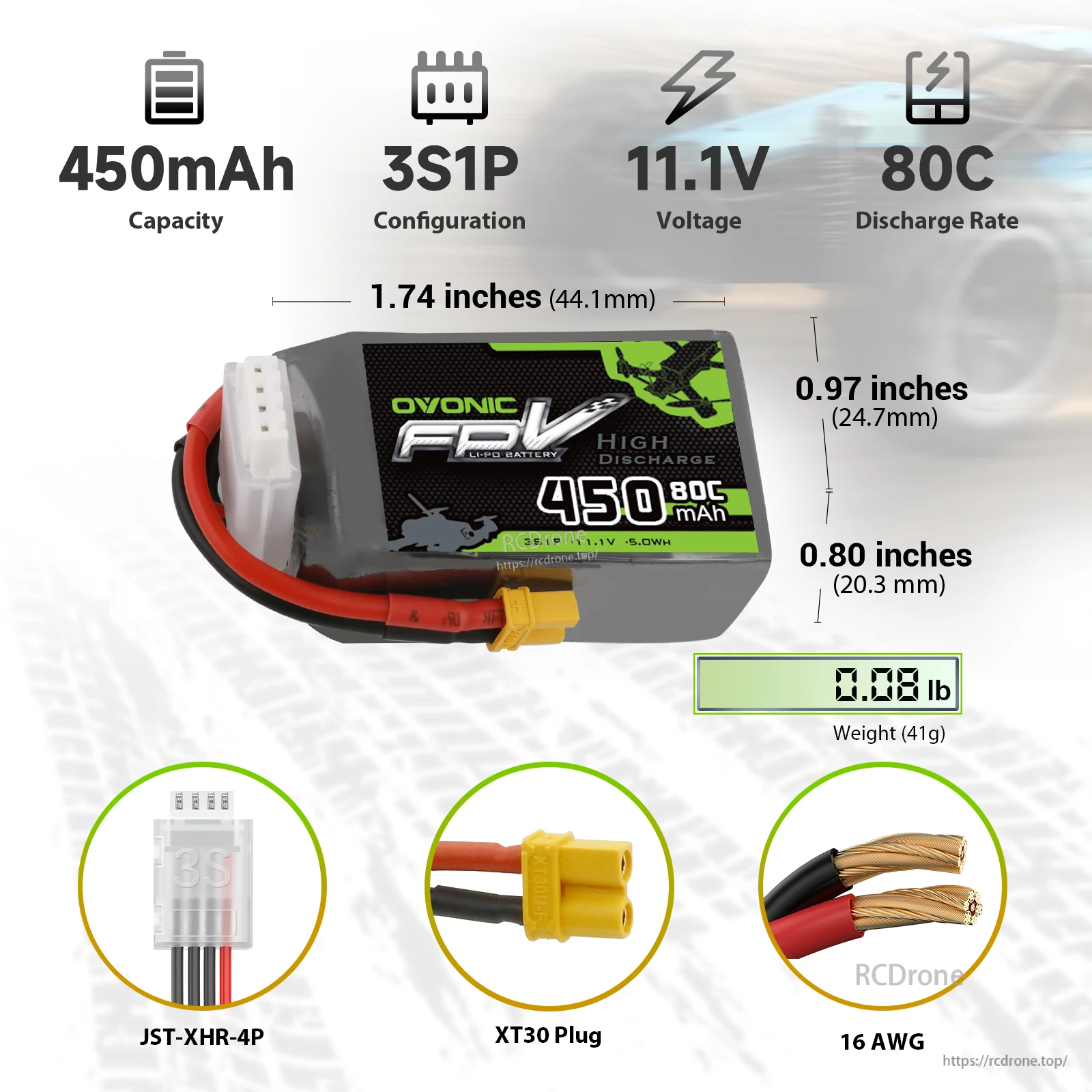 Ovonic 450mAh 3S 11.1V 80C LiPo battery with XT30 plug, JST-XHR-4P balance lead and size/weight callouts