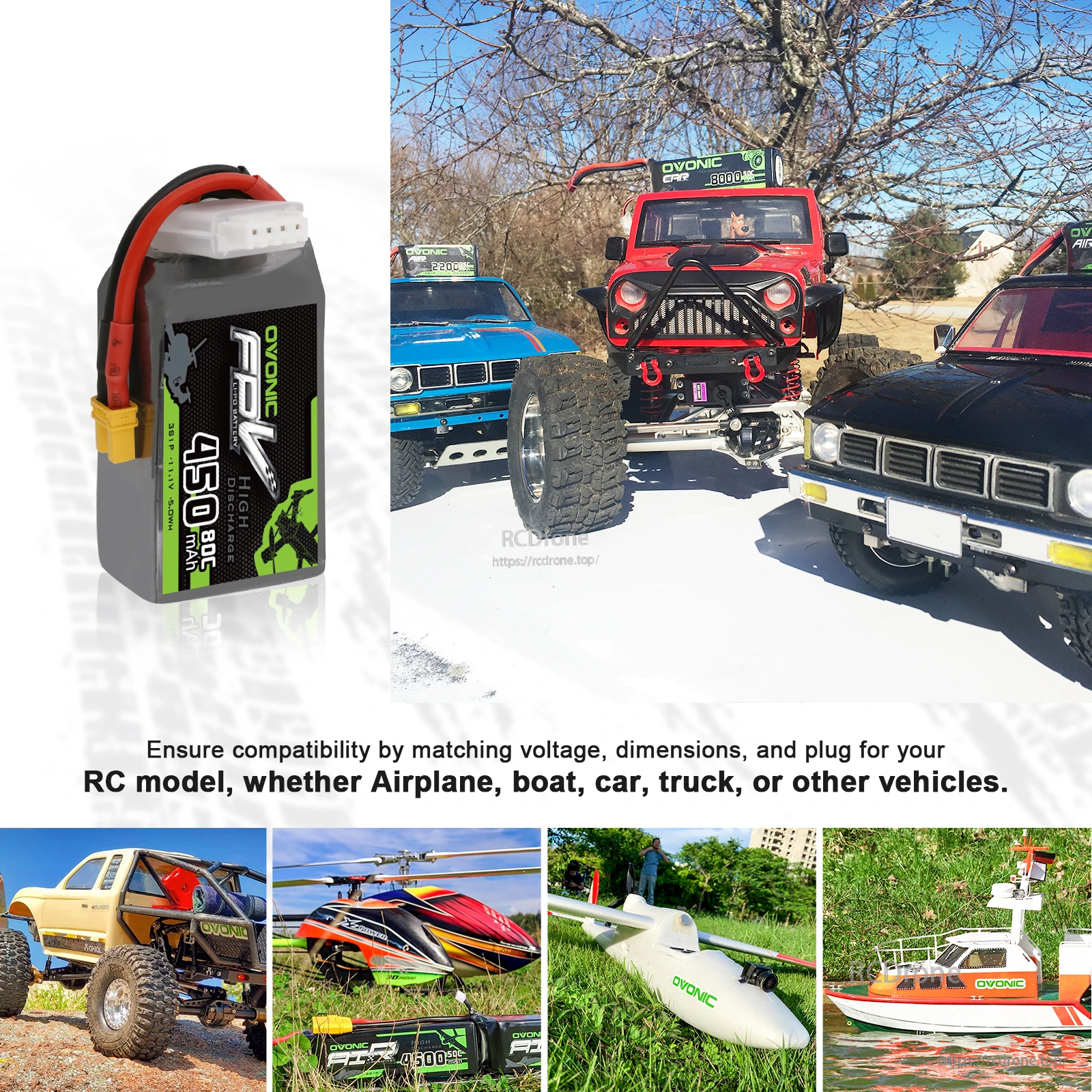 Battery fitment guidance for RC models emphasizing matching voltage, dimensions and plug; examples include cars, boats and aircraft