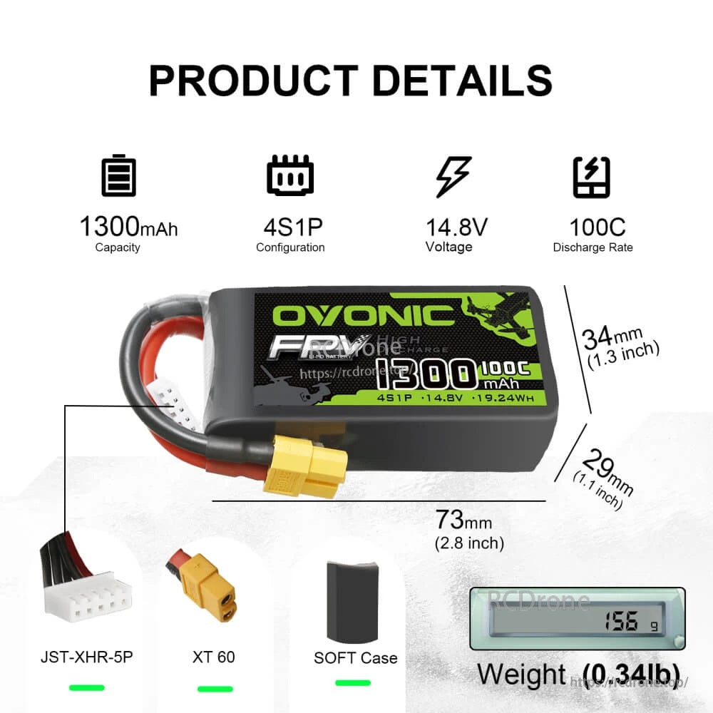 Ovonic 4S 1300mAh LiPo product details with 73×34×29mm size, 156g weight, XT60 and JST-XHR-5P plugs
