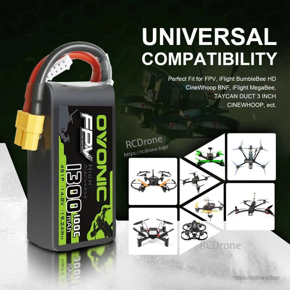 Universal compatibility graphic for Ovonic 4S 1300mAh pack with XT60, for FPV drones and cinewhoop builds