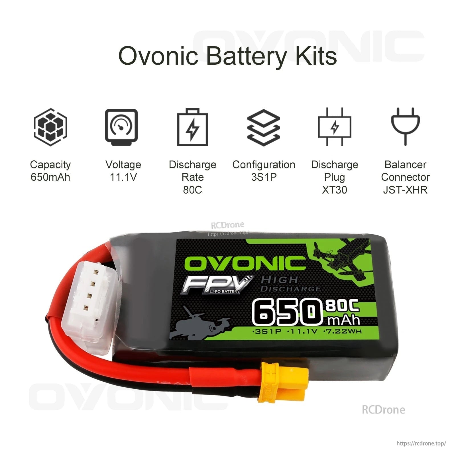 Ovonic 650mAh 3S 11.1V 80C LiPo battery with XT30 plug and JST balance connector, specs graphic