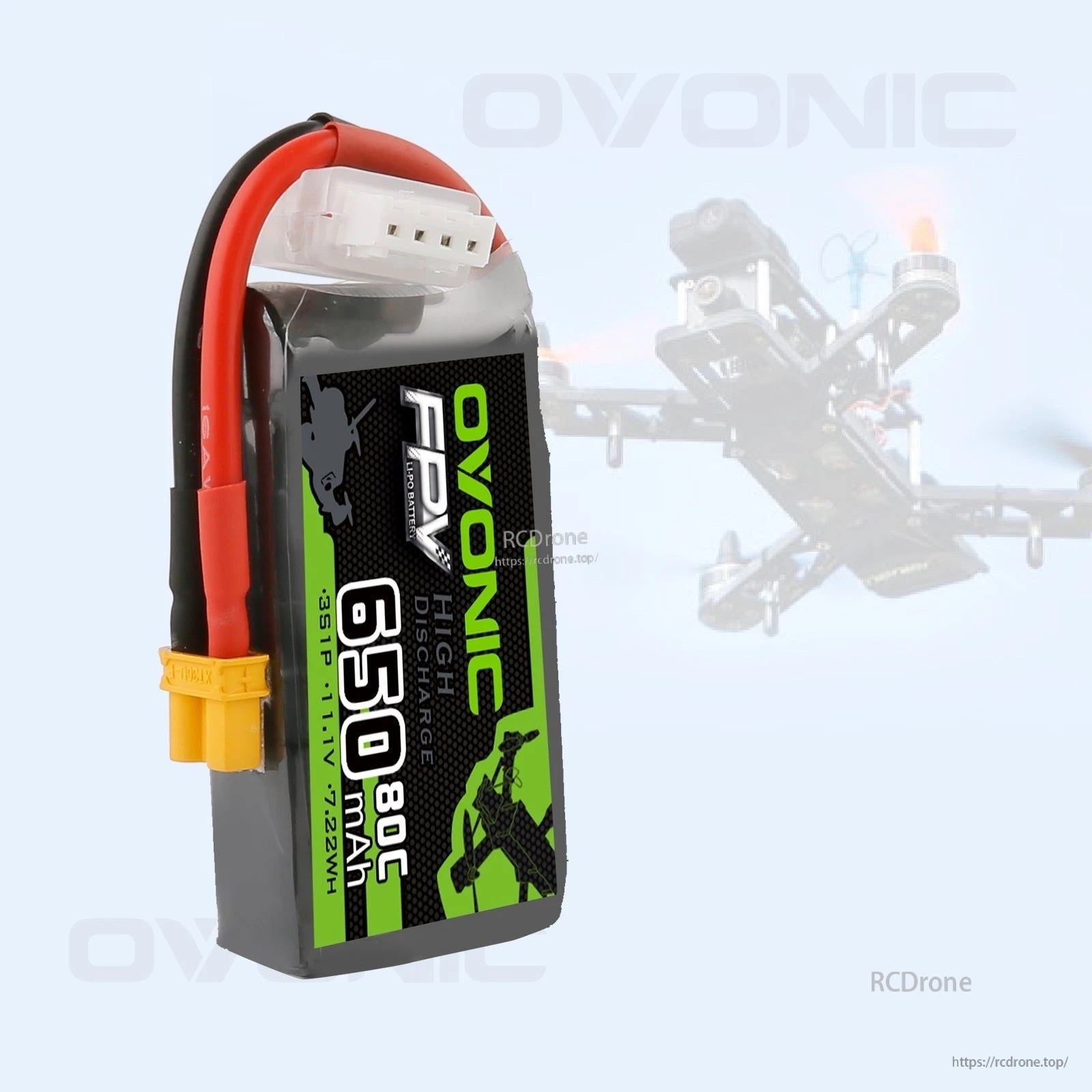 Upright side profile of Ovonic FPV 650mAh 3S LiPo battery with XT30 plug
