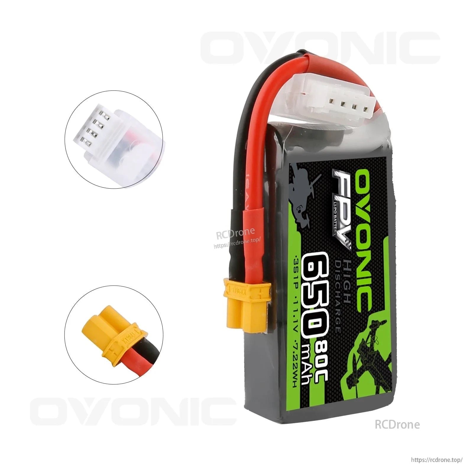 Side view of the battery highlighting the XT30 discharge plug and the white JST-XHR balance connector