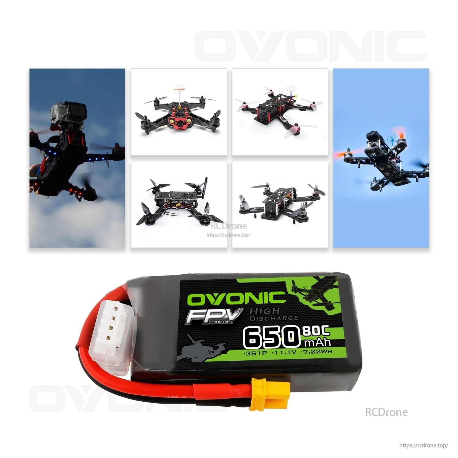 Ovonic FPV 650mAh 3S LiPo battery shown with small FPV drone application examples