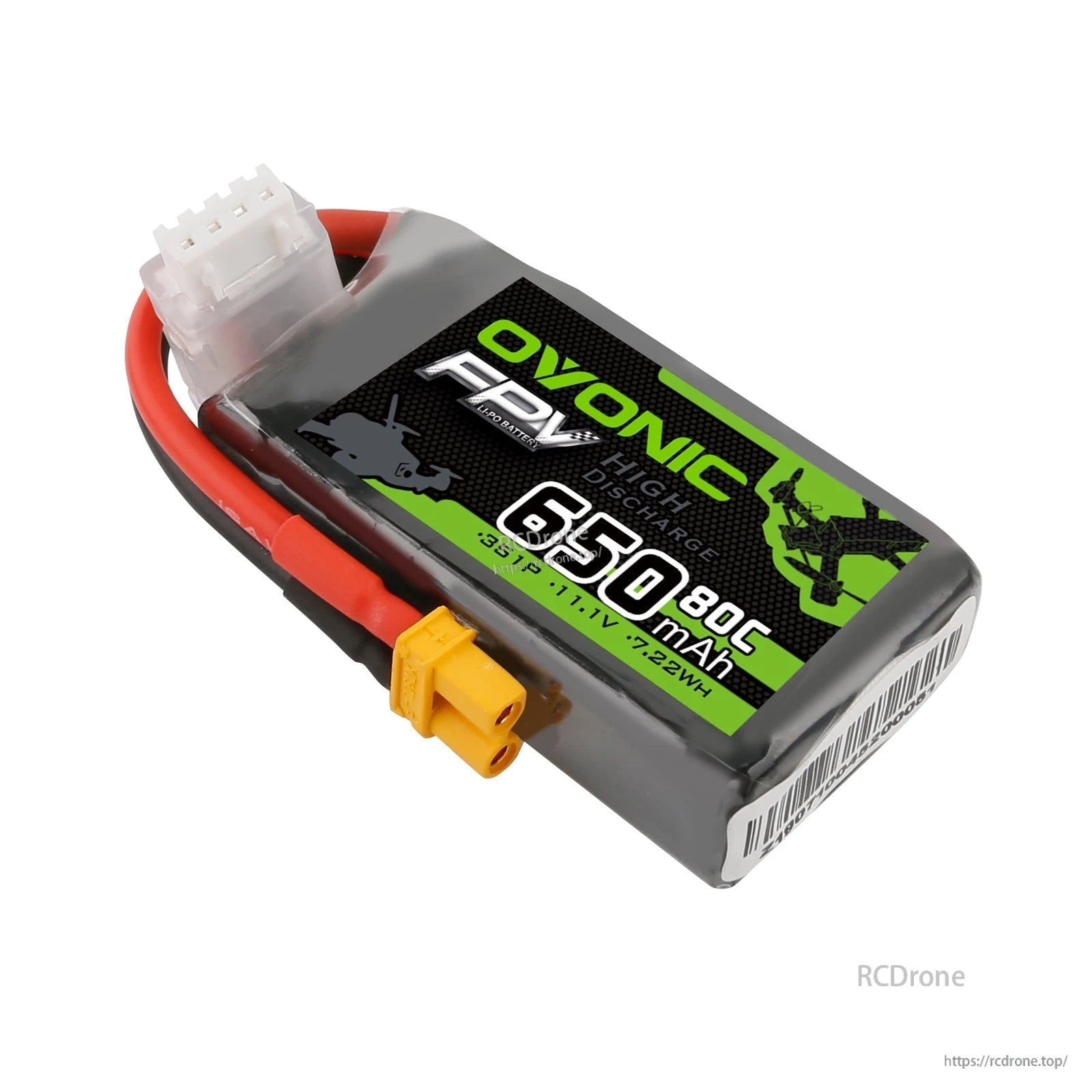 Close angled view of the pack showing the Ovonic FPV label, balance connector, and XT30 lead detail