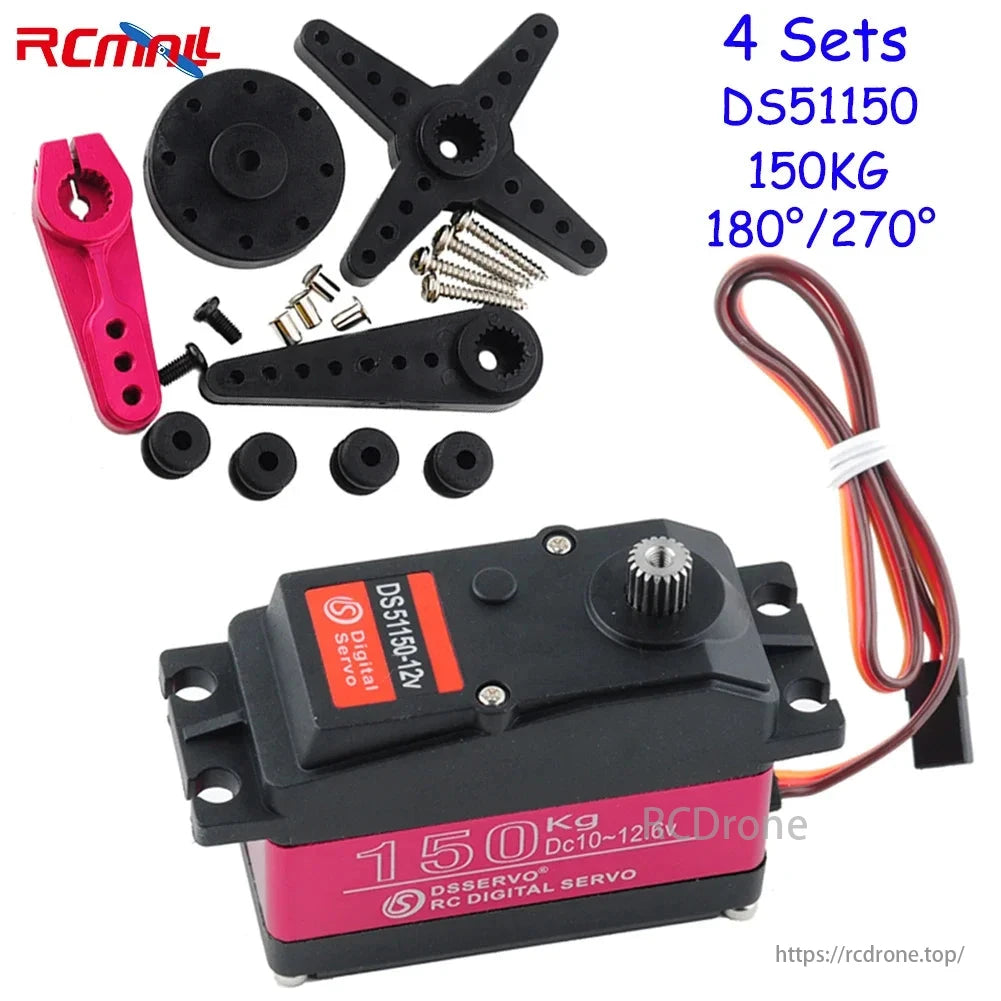 4 adet DSServo 150KG 12V DS51150 dijital Servo 180/270 derece IP66 18T Servo kol ile tam Metal dişli Servo Motor RC araba robotu için