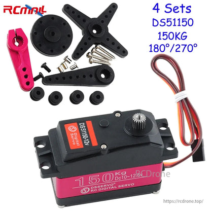 4 adet DSServo 150KG 12V DS51150 dijital Servo 180/270 derece IP66 18T Servo kol ile tam Metal dişli Servo Motor RC araba robotu için