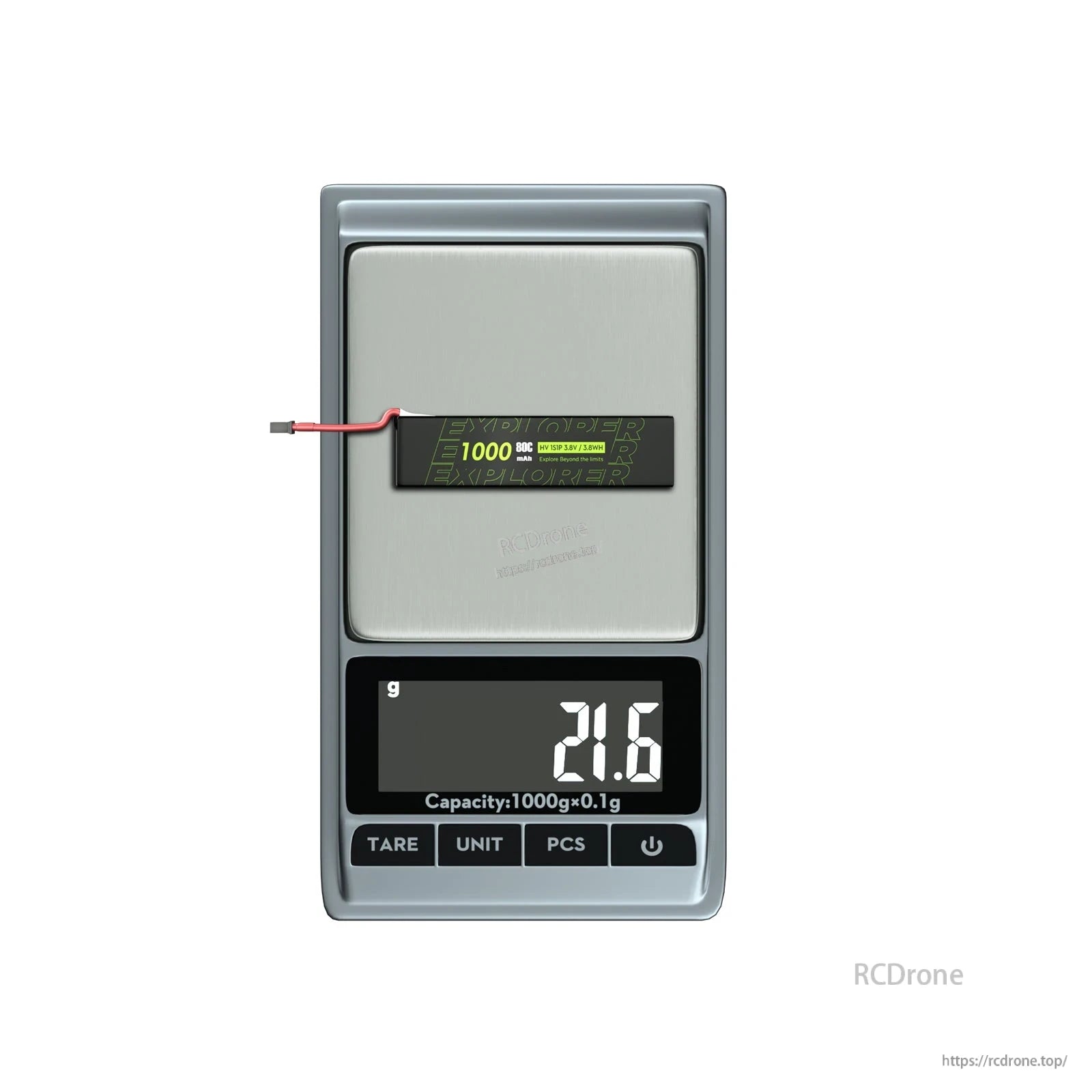 4PCS Explorer 1S 1000mAh 80C LiHV V2 Battery, Explorer 1S 1000mAh 80C LiHV battery on a digital scale reading 21.6g, with small JST-style lead