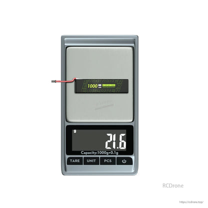 4PCS Explorer 1S 1000mAh 80C LiHV V2 Battery, Explorer 1S 1000mAh 80C LiHV battery on a digital scale reading 21.6g, with small JST-style lead