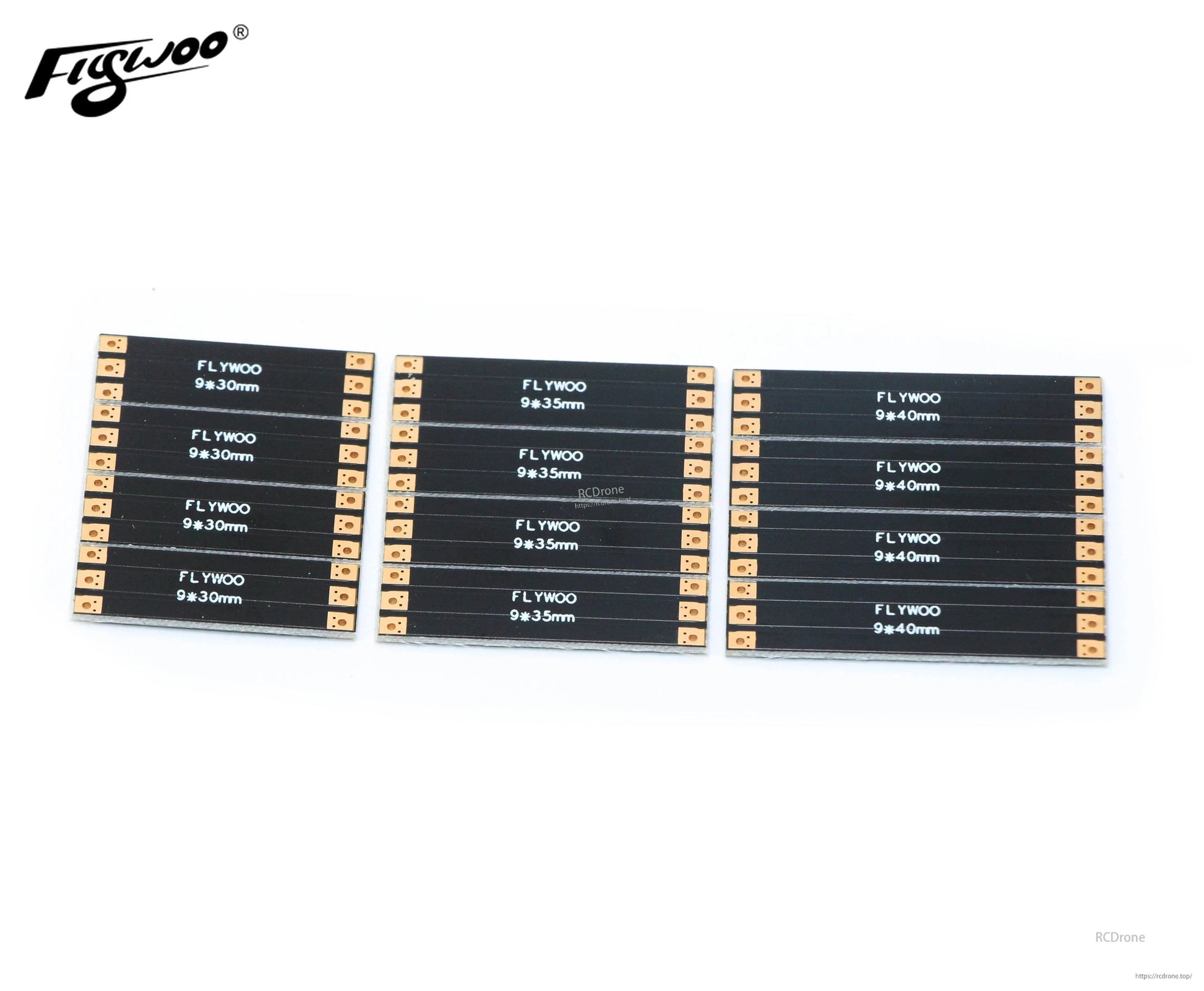 FLYWOO frame arm board set with four black PCB arms labeled 9×30mm, 9×35mm, and 9×40mm