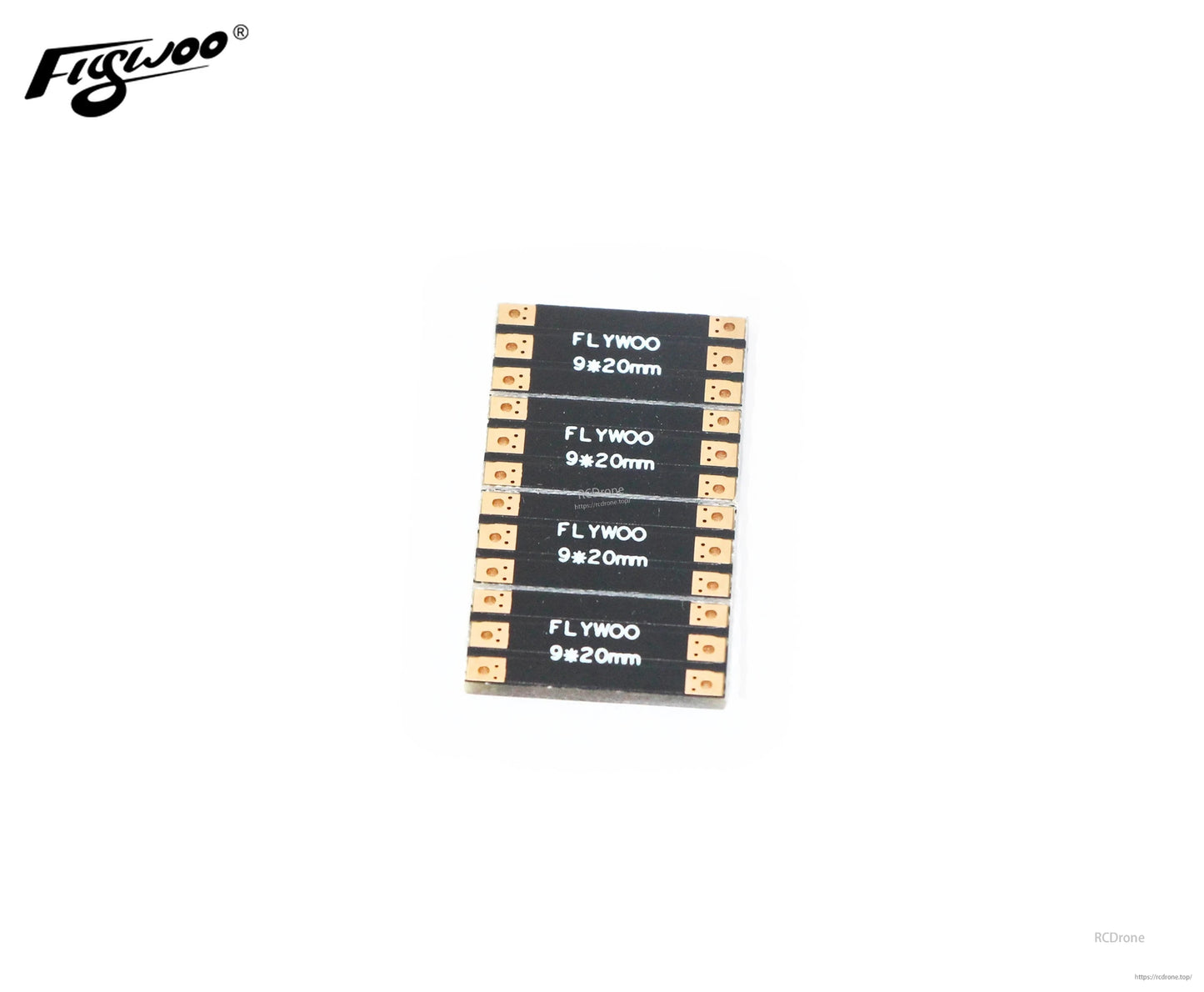 Four Flywoo 9×20mm FPV drone frame arm boards with copper solder pads on both ends