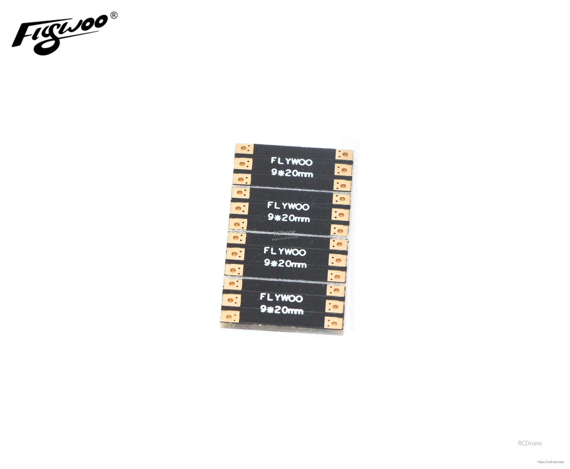 Four Flywoo 9×20mm FPV drone frame arm boards with copper solder pads on both ends