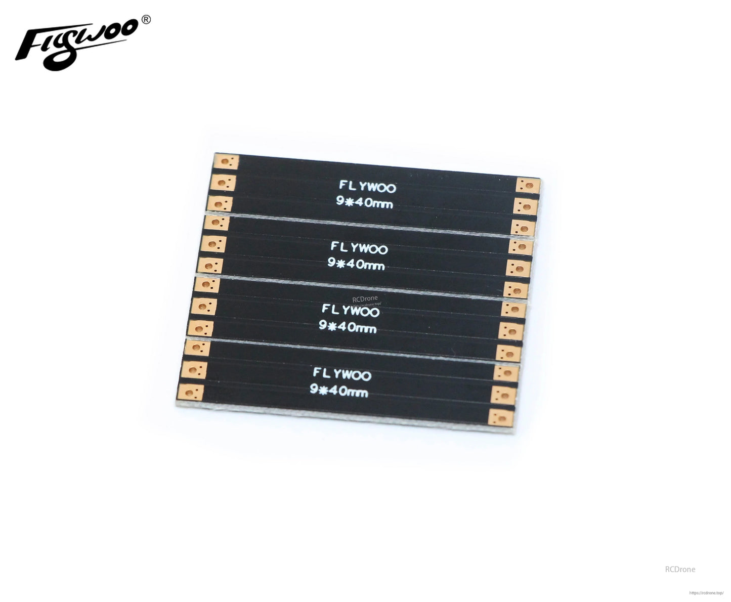 Set of four FLYWOO 9×40mm frame arm boards with solder pad ends for FPV drone builds