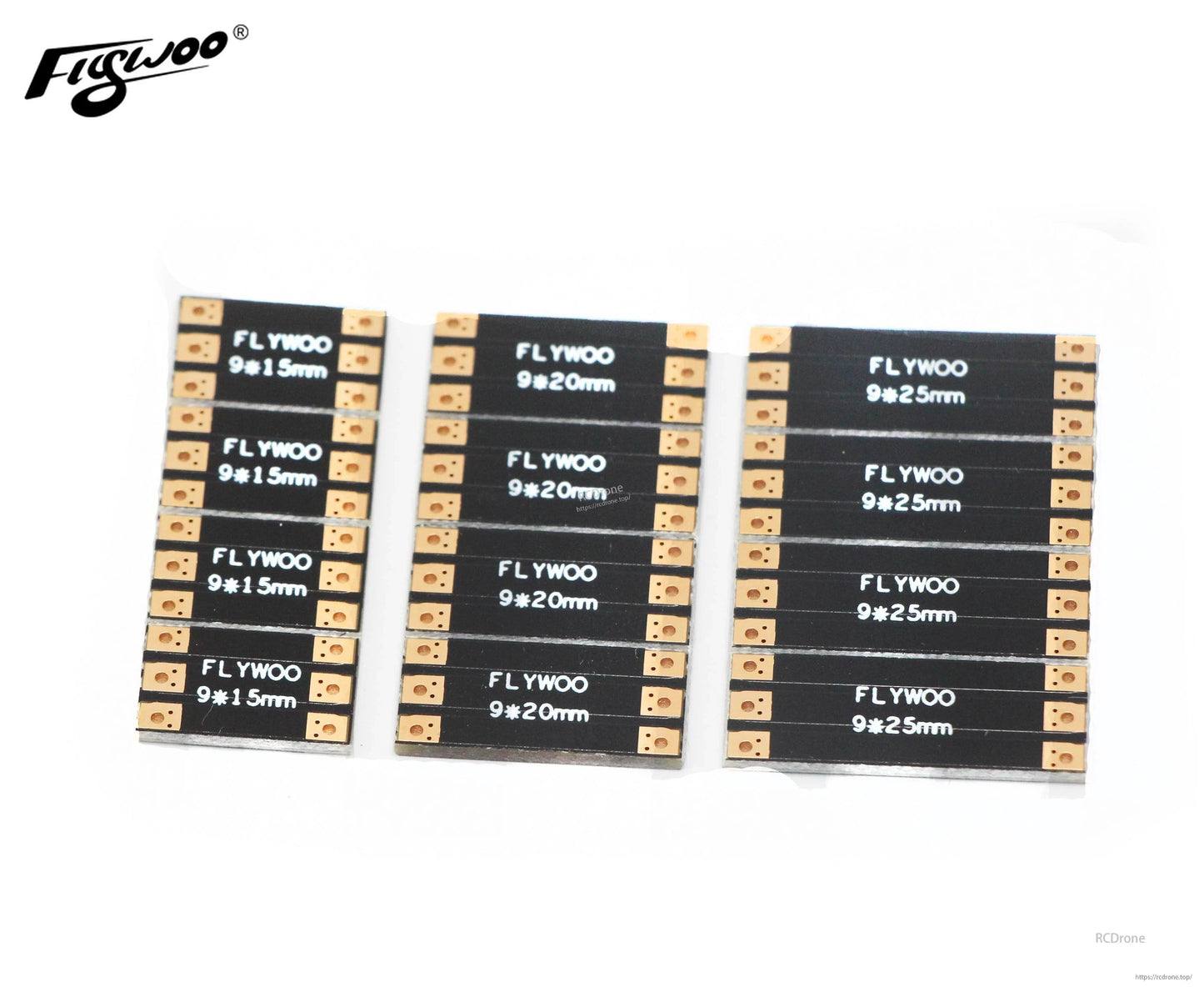 FLYWOO frame arm board PCBs with solder pads, labeled 9×1.5mm, 9×20mm, and 9×25mm sizes