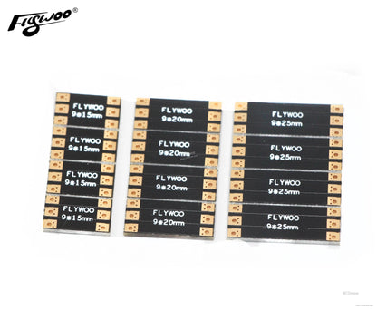 FLYWOO frame arm board PCBs with solder pads, labeled 9×1.5mm, 9×20mm, and 9×25mm sizes