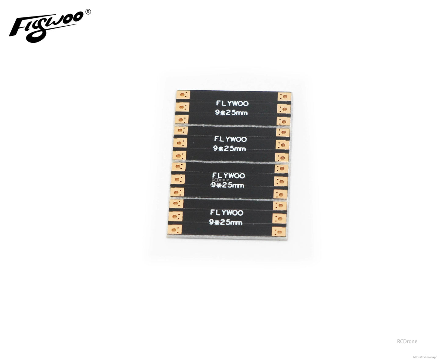 Set of four FLYWOO 9×25mm frame arm boards with gold solder pads on both ends for FPV drone wiring