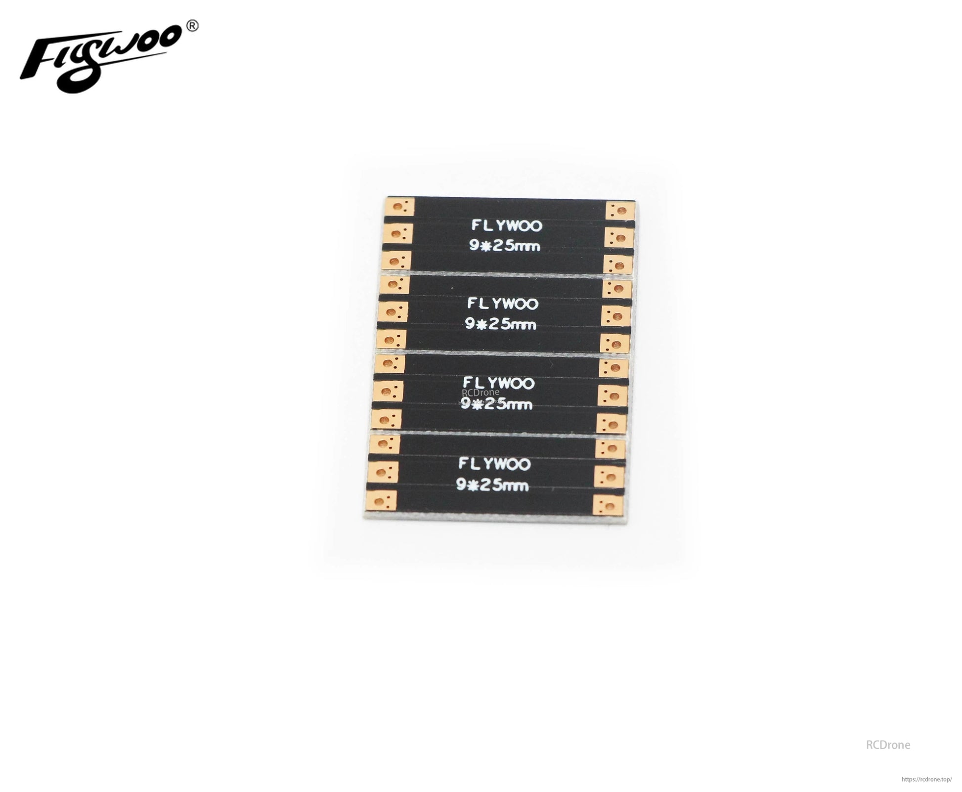 Set of four FLYWOO 9×25mm frame arm boards with gold solder pads on both ends for FPV drone wiring