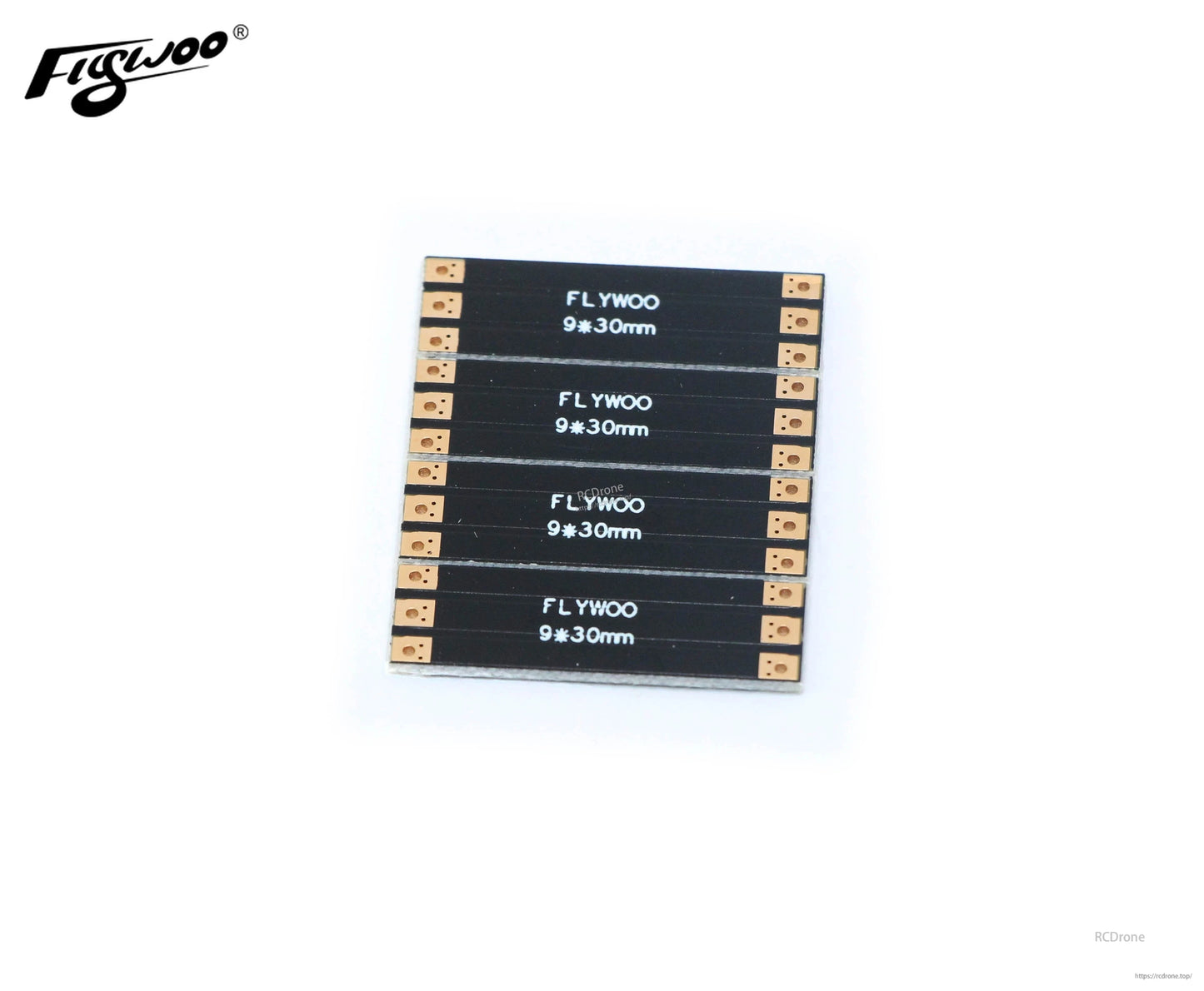 Four FLYWOO 9×30mm black frame arm boards with gold solder pads on each end for FPV drone builds