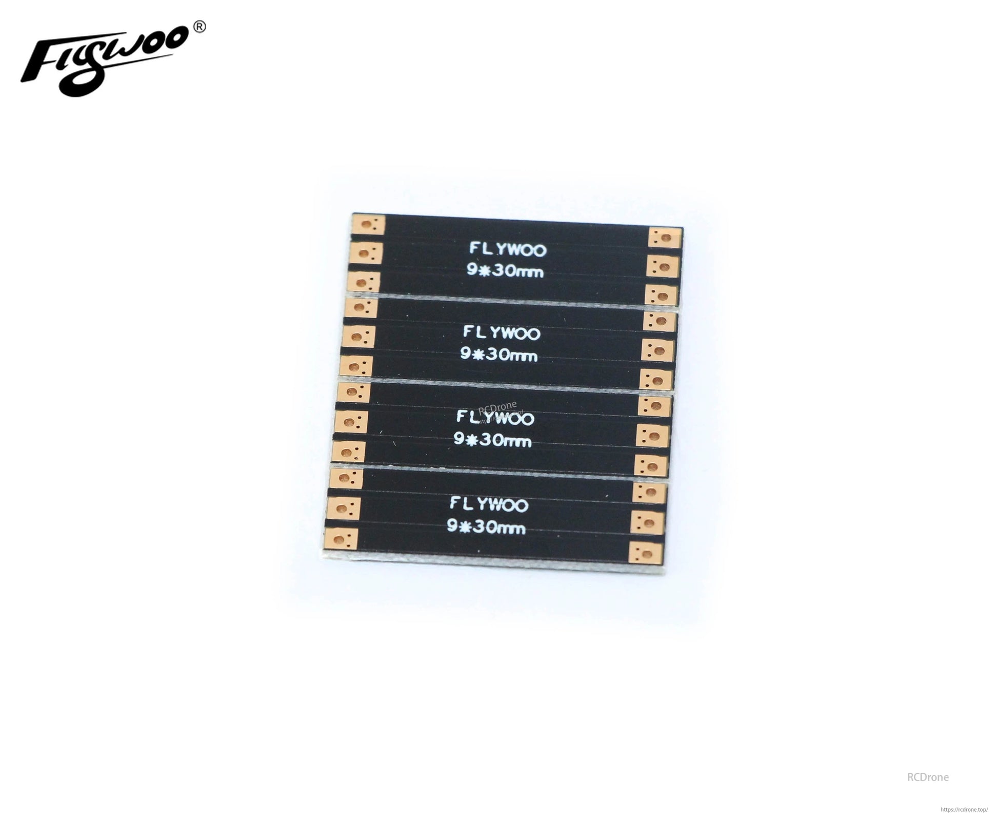 Four FLYWOO 9×30mm black frame arm boards with gold solder pads on each end for FPV drone builds