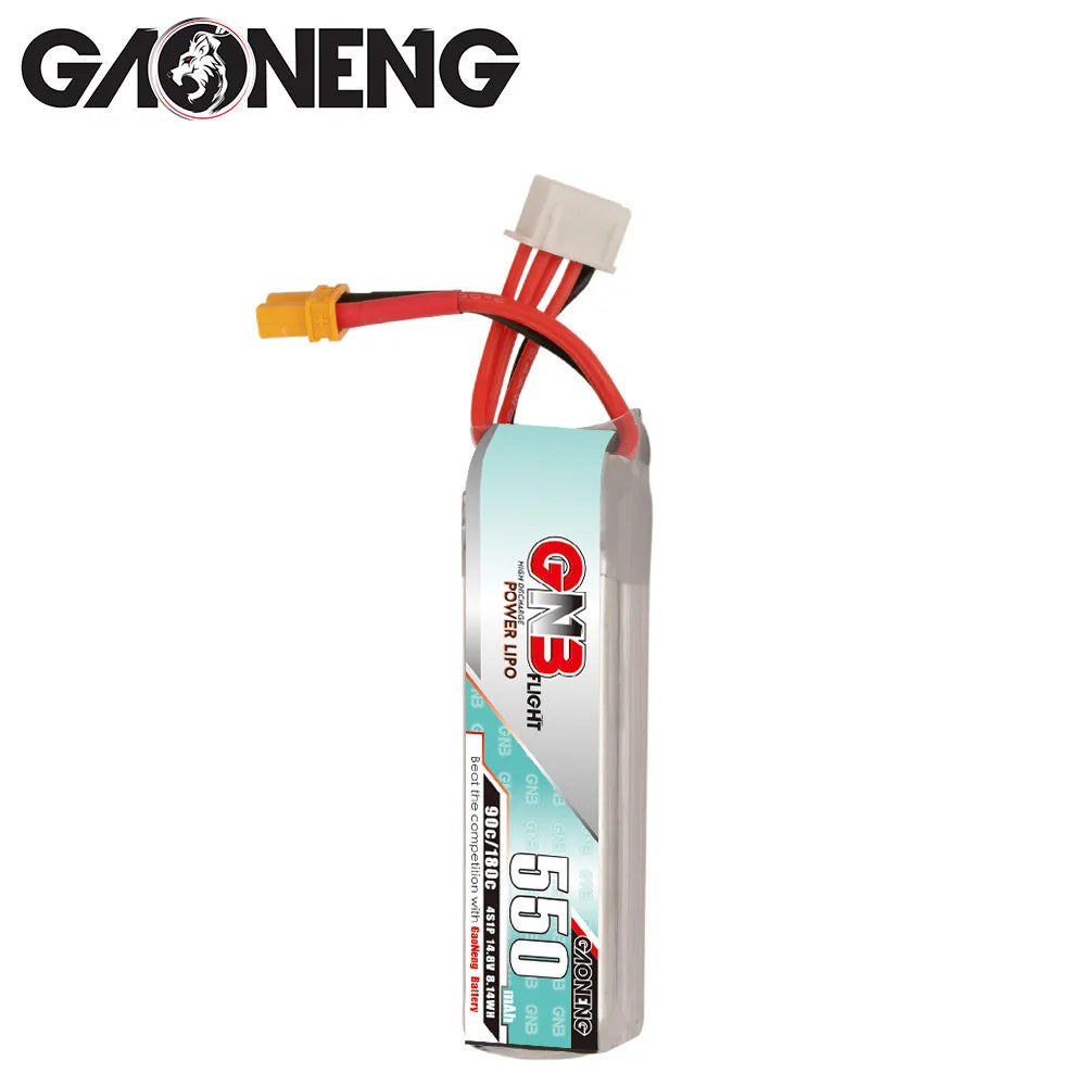 4PCS GNB 4S 14.8V 550mAh 90C/180C LiPo Battery, Teranty high-concerned lithium battery is suitable for helicopters and remote control toys, with specifications including origin, material, and age recommendations.