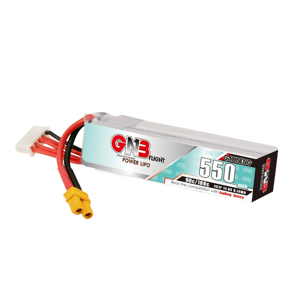 4PCS GNB 4S 14.8V 550mAh 90C/180C LiPo Battery, Battery specifications for FPV drone use: 4PCS GNB 4S 14.8V 550mAh with 90C/180C discharge rate.