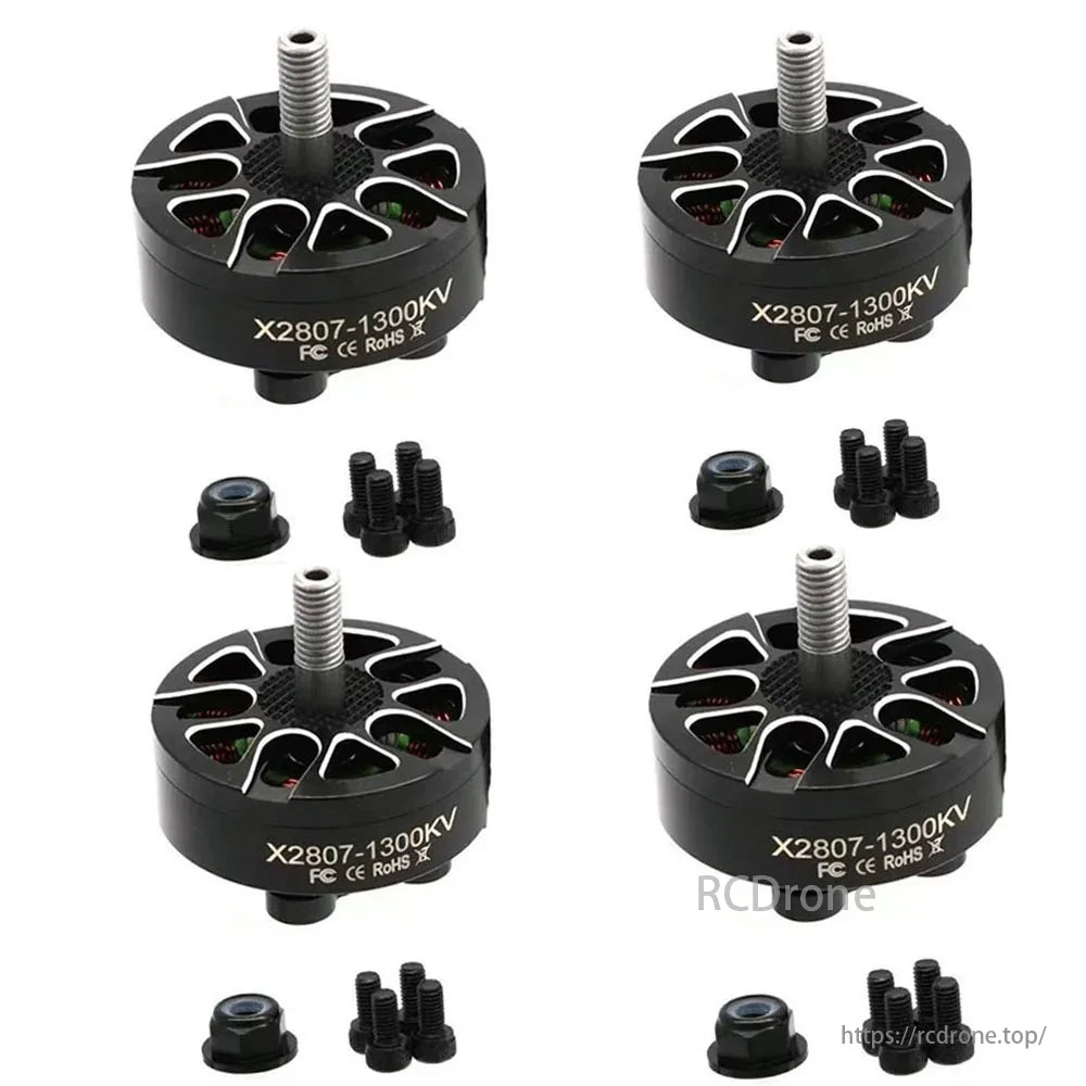 4PCS X2807 1300KV / 1700KV 4S–6S Brushless Motor, 4PCS X2807 1300KV brushless motors, 4S–6S, with screws/nuts. Compact, efficient, FC CE RoHS labeled.