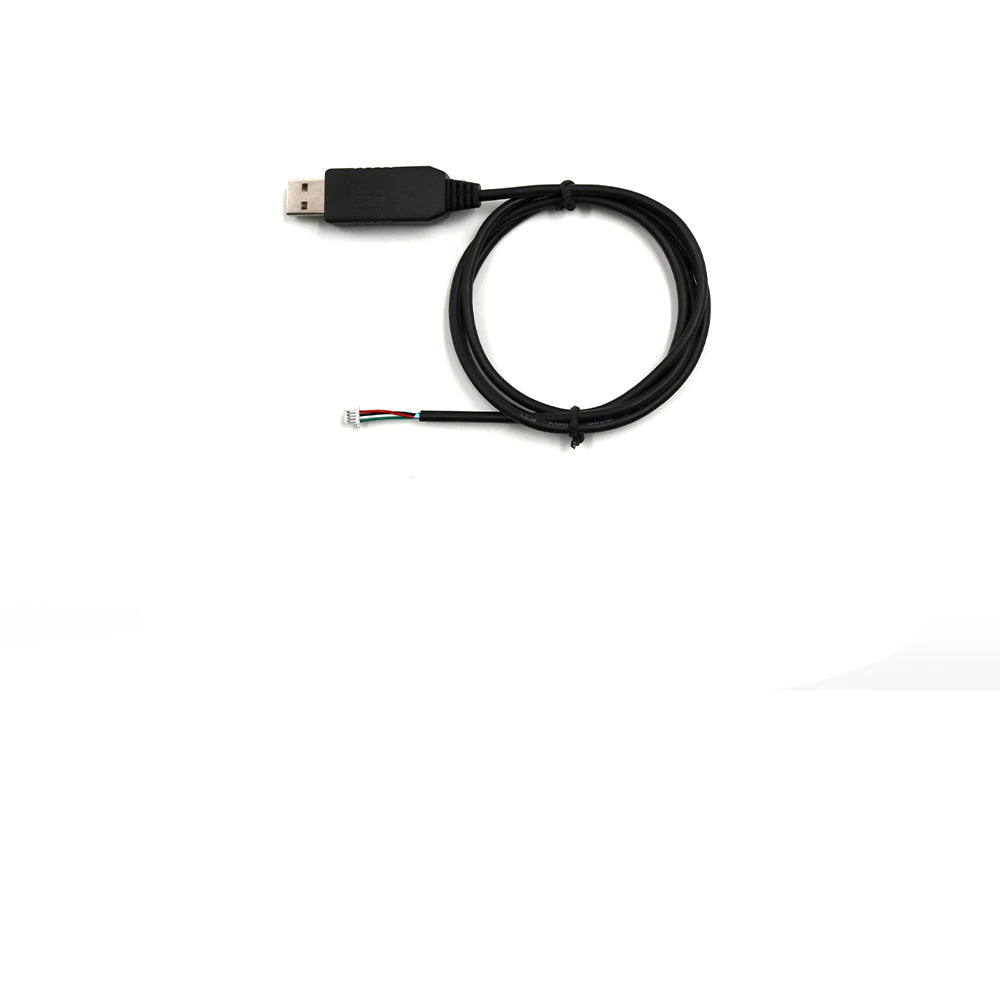 Top view of USB to TTL serial adapter cable, coiled lead with USB-A plug and 4-pin locking connector