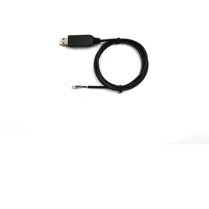 Top view of USB to TTL serial adapter cable, coiled lead with USB-A plug and 4-pin locking connector