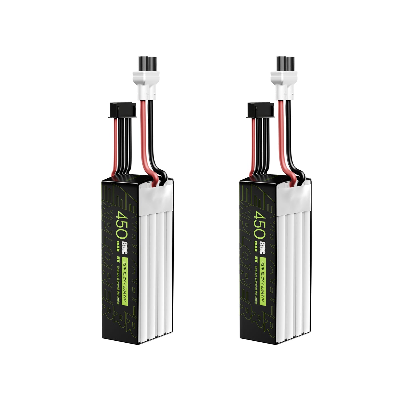 Pair of Flywoo Explorer 450mAh 4S LiHV FPV drone batteries with XT30UP power plug and JST-XHP balance lead